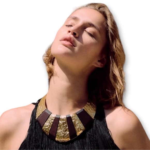Zara Limited Edition Large Wood Necklace Wooden & Gold Tone Jewelry - Picture 7 of 7